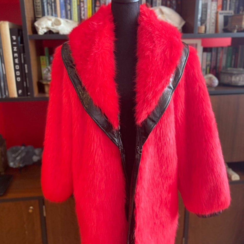 I.AM.GIA Red Faux Fur Coat with Black Trim - Picture 2 of 4